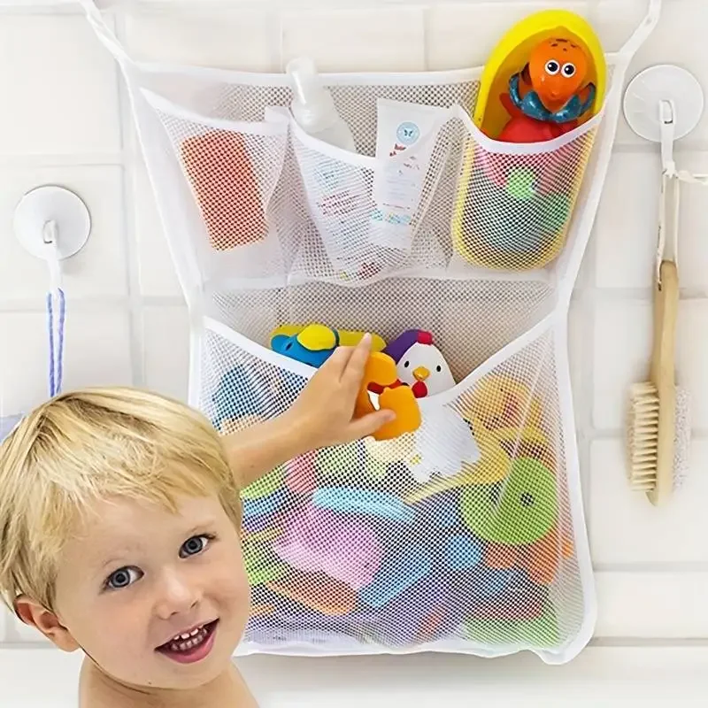 Home Bathroom Organizer - ถุงตาข่ายเก็บของเล่นเด็กในห้องน้ำ แบบแขวน ติดผนัง สำหรับเก็บของเล่นอาบน้ำเด็ก สีขาว